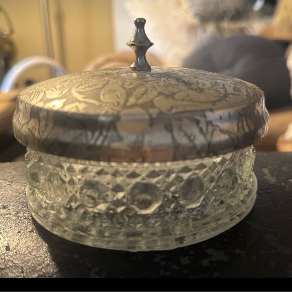 Vintage Silver-Top Pressed Glass Trinket Box